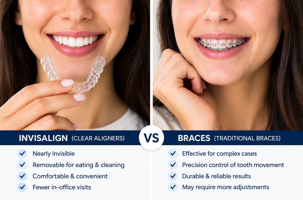 Invisalign clear aligners vs traditional braces comparison for adults considering orthodontic treatment in Reading, MA.